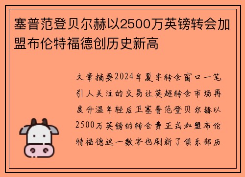 塞普范登贝尔赫以2500万英镑转会加盟布伦特福德创历史新高